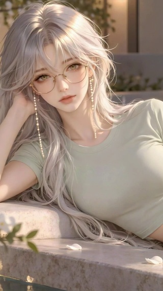 银发少女池边休憩