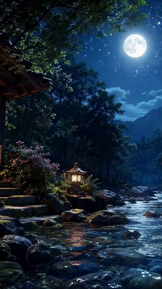 月下溪畔庭院