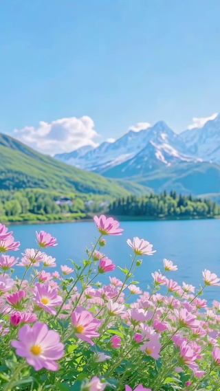 花海与远山湖泊
