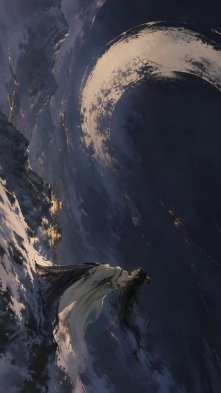 古风女子月下雪山夜景