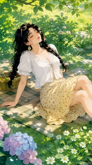 夏日溪畔野餐少女与橘猫
