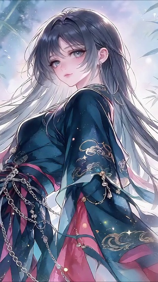 唯美氛围竹韵灯廊少女