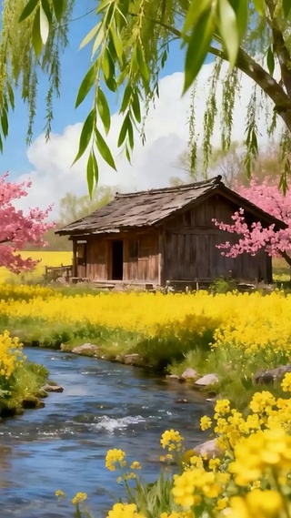 白云柳树花草河流