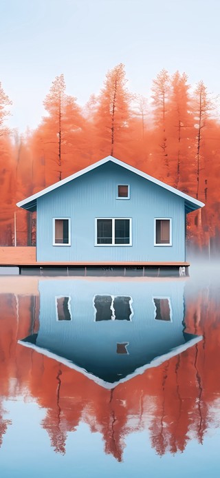 4K秋天森林湖泊小屋