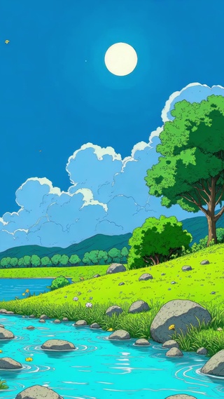 吉卜力风河边月色