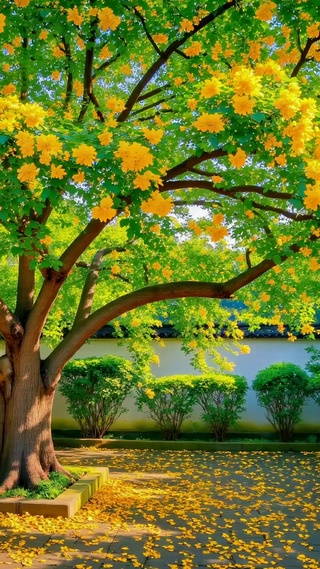 中式庭院黄花树治愈风景