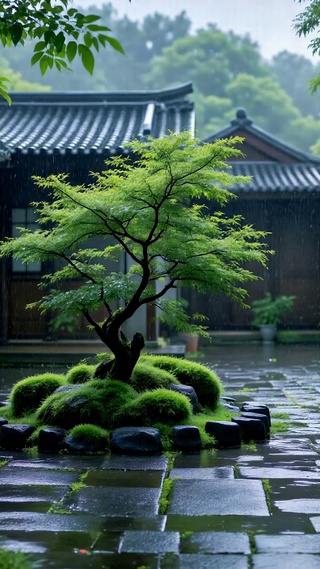 雨天古风庭院清幽美景