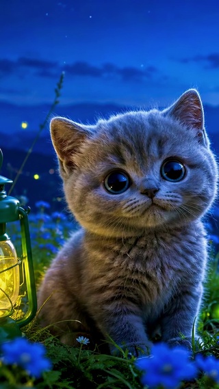 夜空山间蓝花可爱小猫