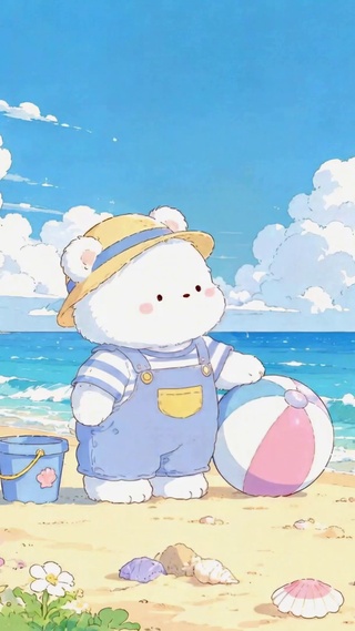 治愈海边可爱小白熊