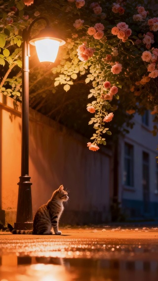 暖黄路灯下的可爱小猫