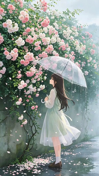 雨中赏花女孩