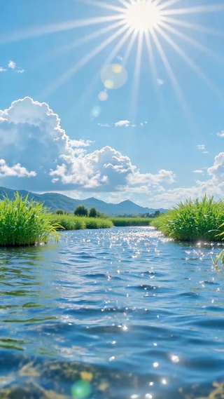 晴空暖阳河流自然风光