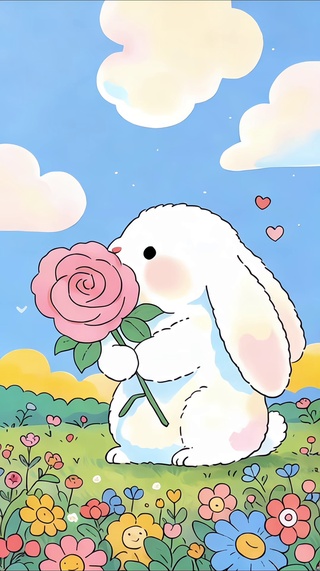 小清新可爱兔子抱抱玫瑰