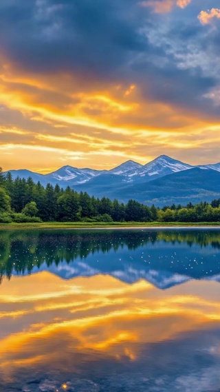 山林间的镜面湖日落