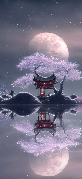 古风湖边樱花树