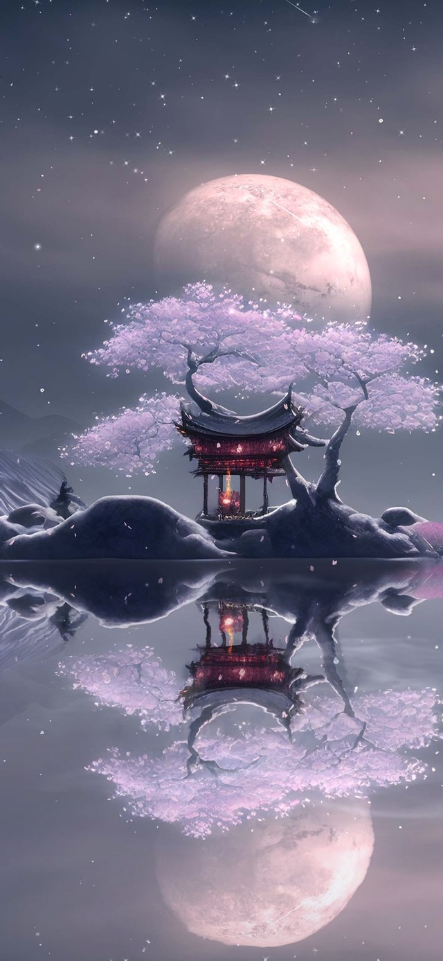 古风湖边樱花树