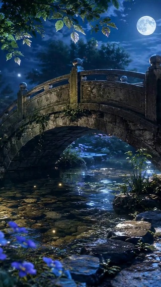 月夜石桥花涧唯美夜景
