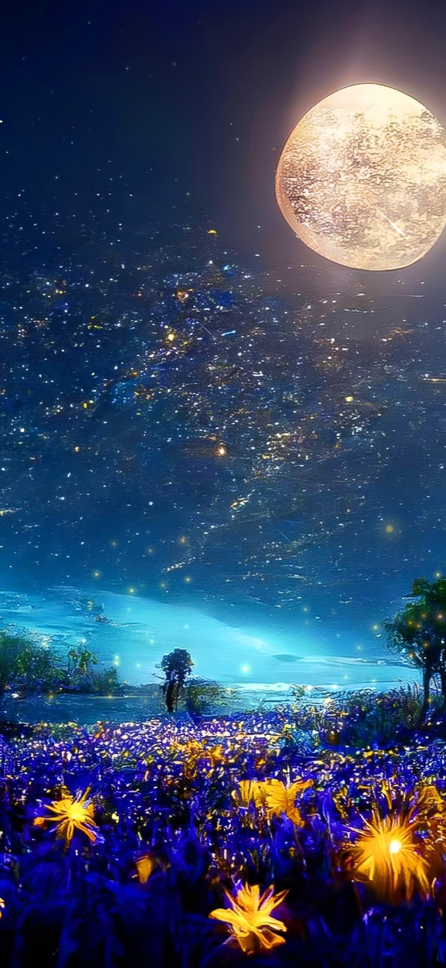 唯美治愈夜晚荧光花田