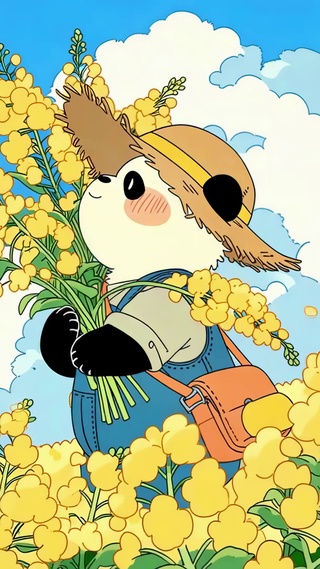 油菜花海里的可爱熊猫农夫