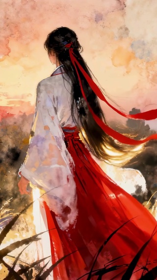 水韵红丝野黄昏独行红裙古风少女