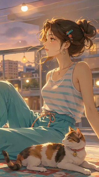 夏日傍晚阳台少女与猫