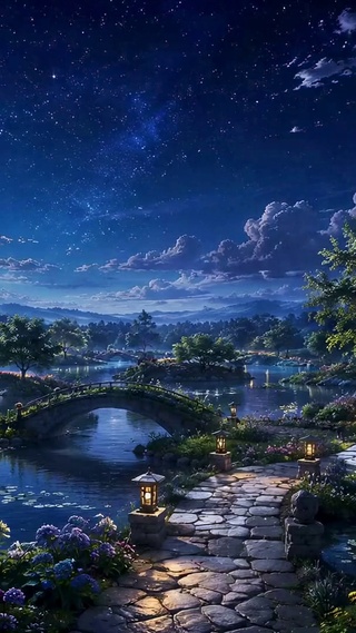 静谧月夜星空湖畔风景