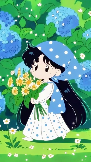 绣球花田的抱花少女