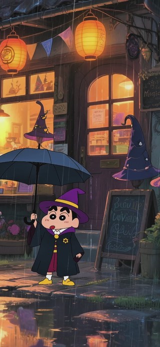 雨夜在魔法屋前躲雨的蜡笔小新