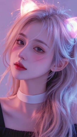 粉紫柔光下的猫耳少女