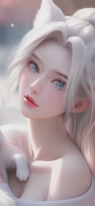 可爱治愈白发猫耳女孩