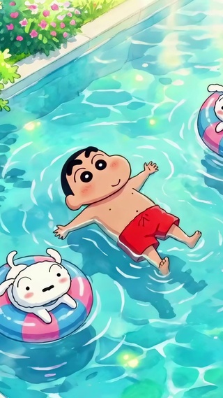夏天泳池里的小新和妮妮