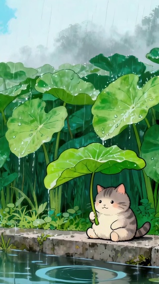 猫咪的荷叶伞