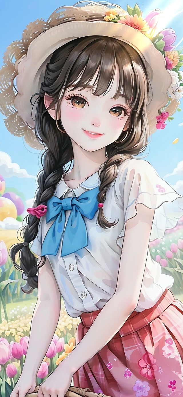 4K郁金香花海麻花辫少女