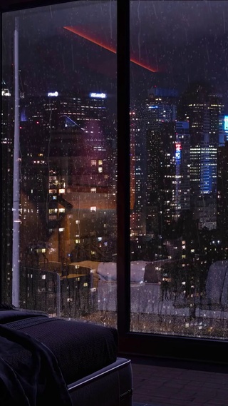 夜晚房间城市大雨