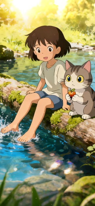 溪边男孩猫咪