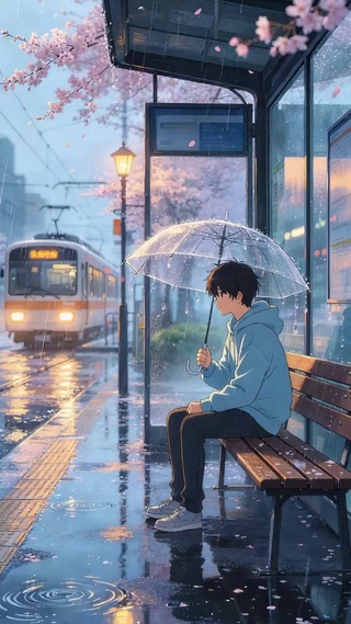 雨中撑伞少年
