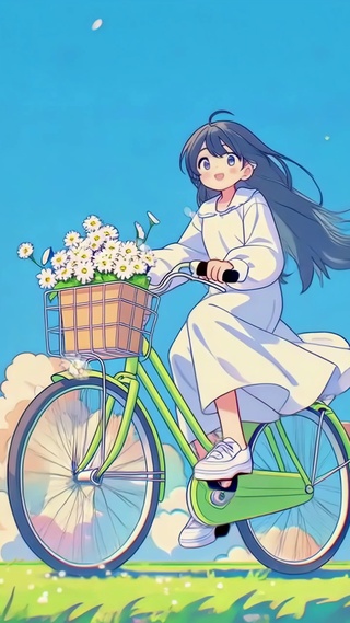 夏日晴空下的单车少女