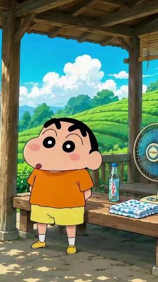 夏日茶田休憩的蜡笔小新