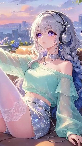 享受夕阳的薄荷绿少女