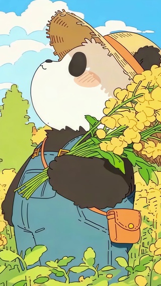 油菜花田里的农夫熊猫