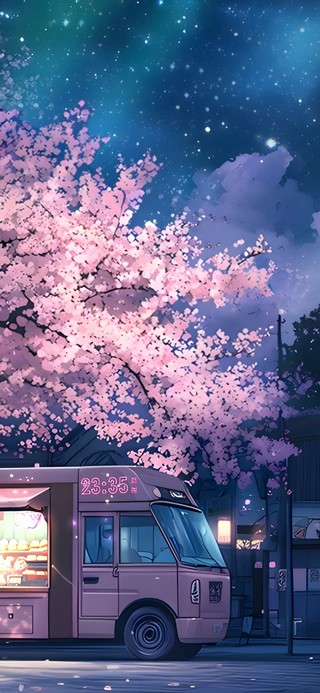 极光星河！樱花树下的快餐车~