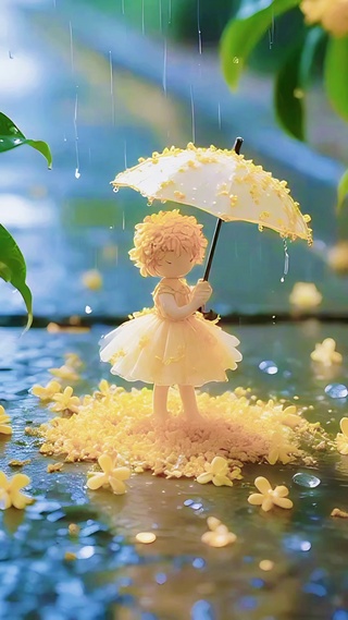 雨中打伞的桂花精灵