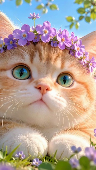 戴紫色花环的可爱橘猫咪