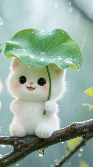 雨天撑荷叶的可爱小猫