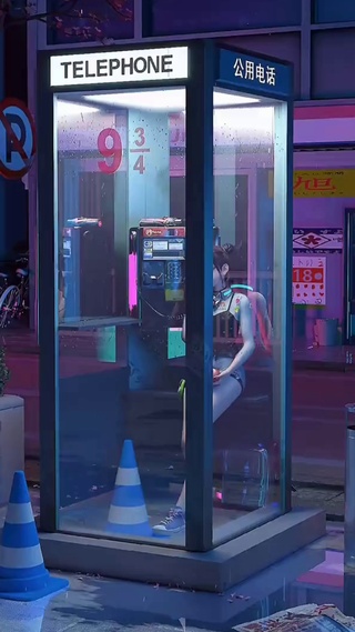 深夜电话亭的美丽女孩 