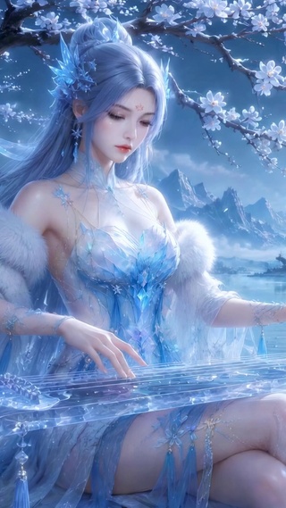 江雪夜清冷抚琴人