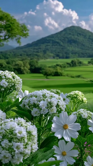 清新治愈山野绿野白花风景