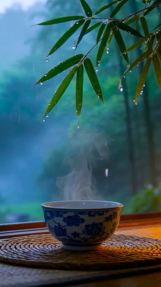 窗外竹叶雨景