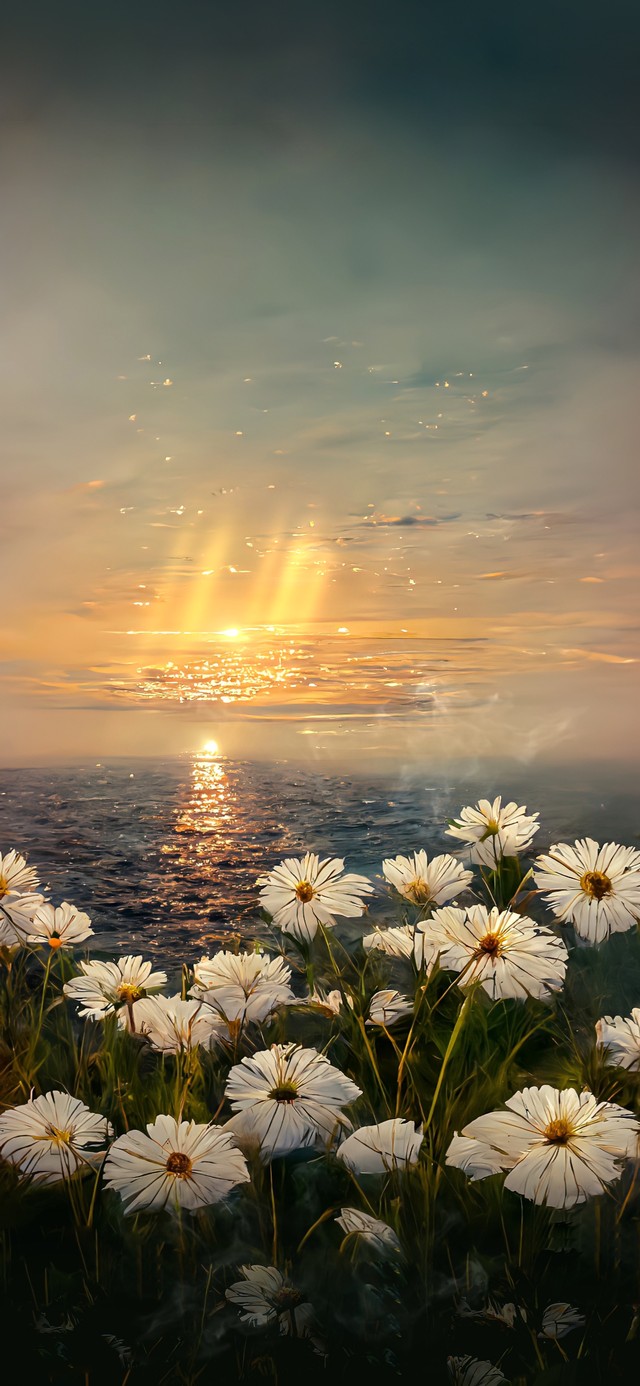 夕阳下的雏菊与海