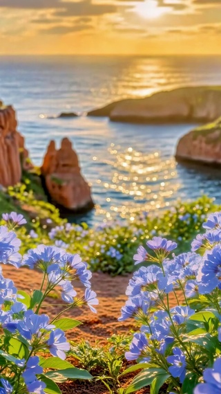 崖边蓝花海与落日海湾